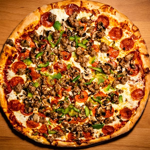 A whole pizza with pepperoni, sausage, mushrooms, and green peppers on a wooden table.