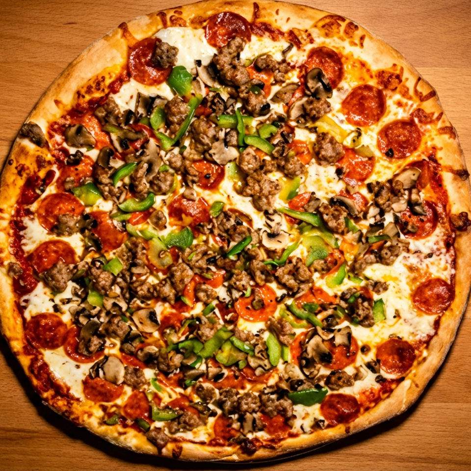 A whole pizza with pepperoni, sausage, mushrooms, and green peppers on a wooden table.
