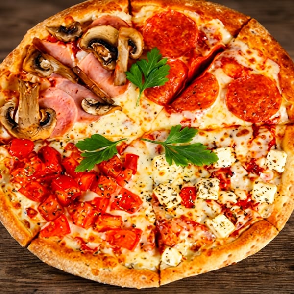 A four-section pizza with pepperoni, ham and mushroom, diced tomatoes, and feta cheese on wood.