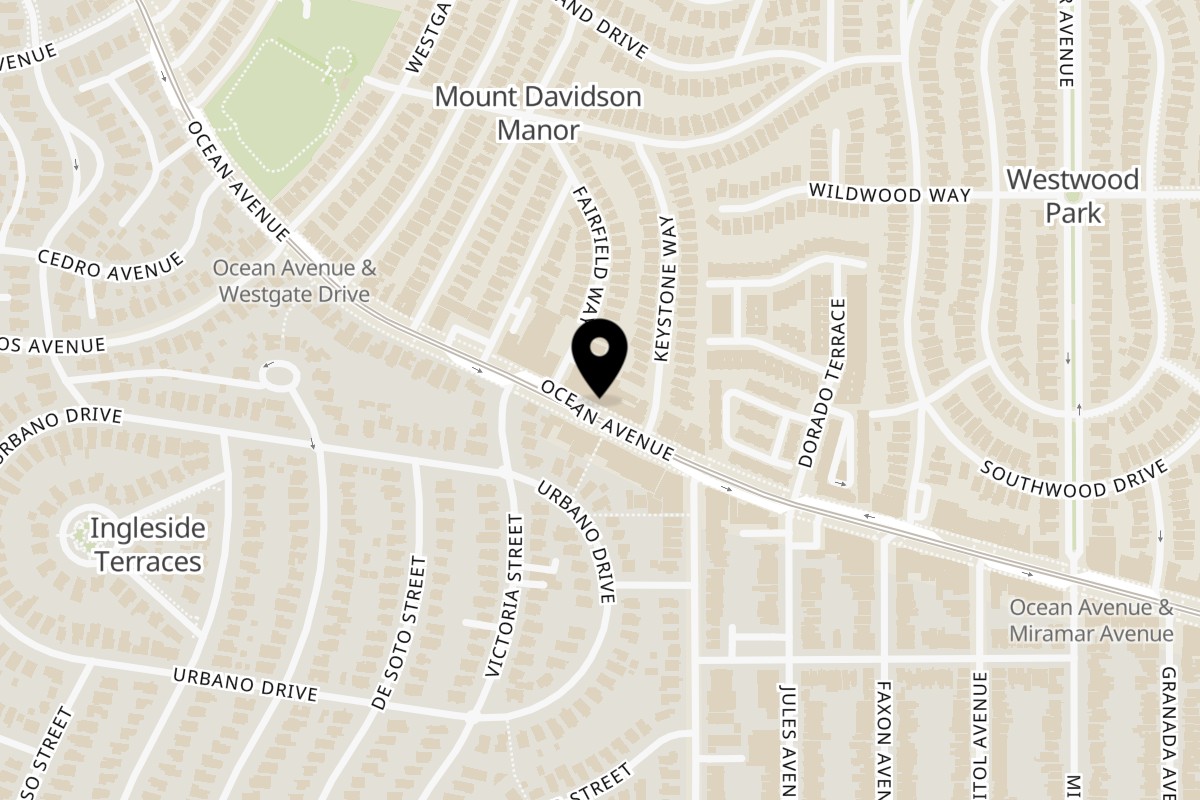 Map showing the location of Monza Pizzeria on 1934 Ocean Ave in San Francisco